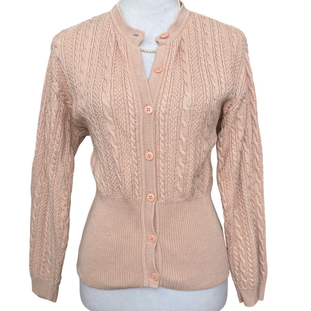 Vintage Anne Klein II Silk Wool Fitted Cable Knit Cardigan Sweater Blush Pink MP